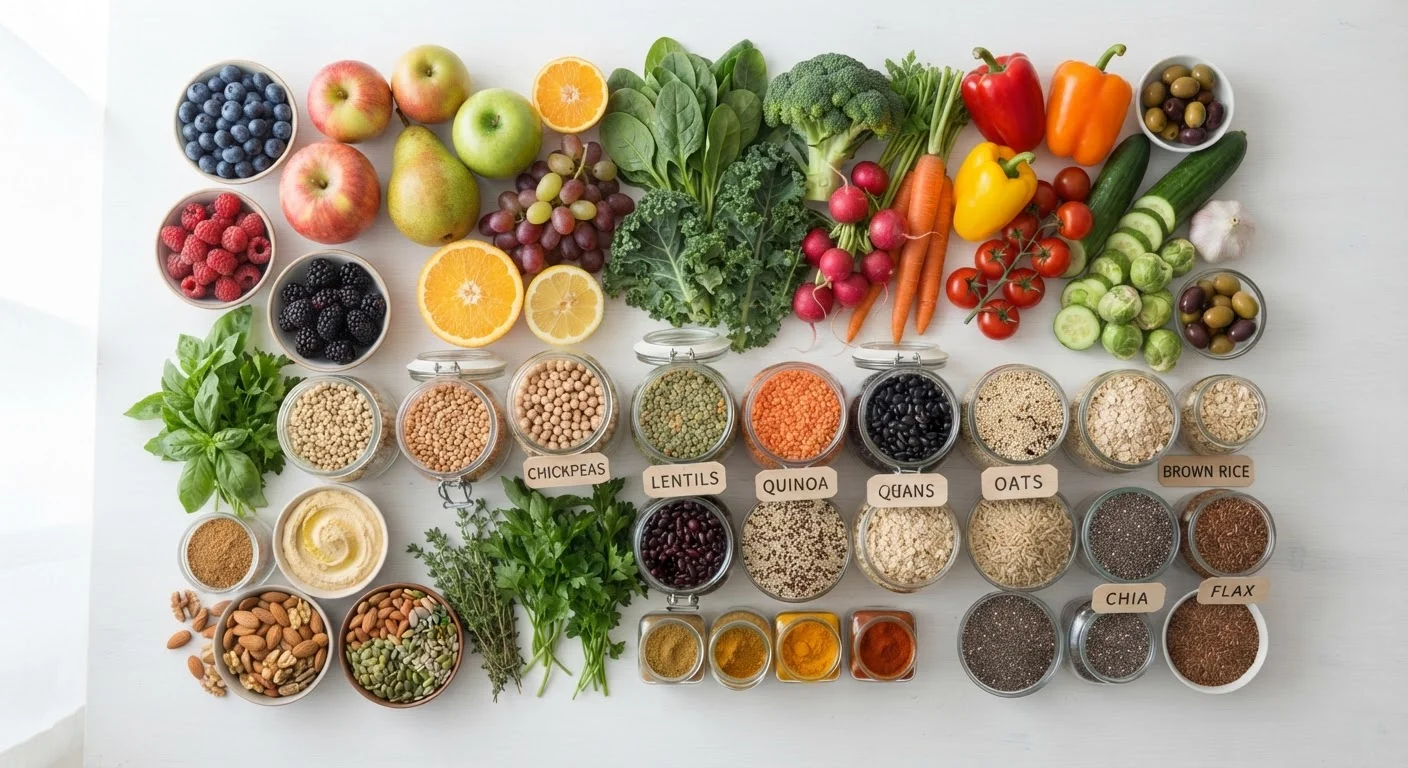 Variety of whole foods including fruits, vegetables, and grains arranged on a white surface