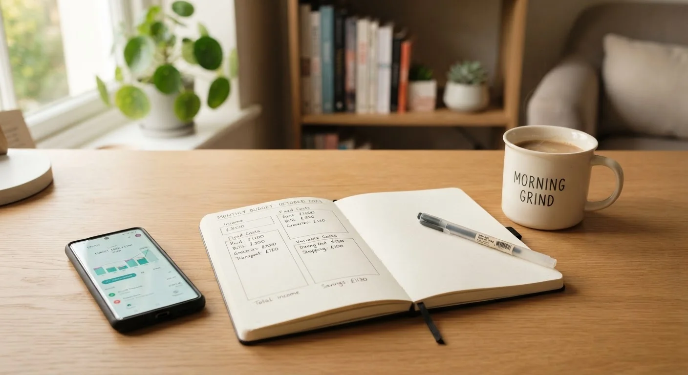 Open budget notebook on a clean desk with a pen, coffee mug, and smartphone showing budgeting app