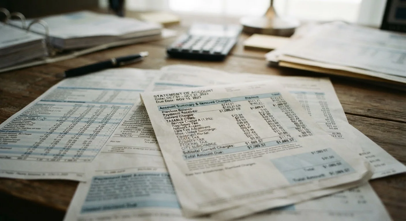 A detailed paper billing statement with fine print numbers and fee disclosures under soft light