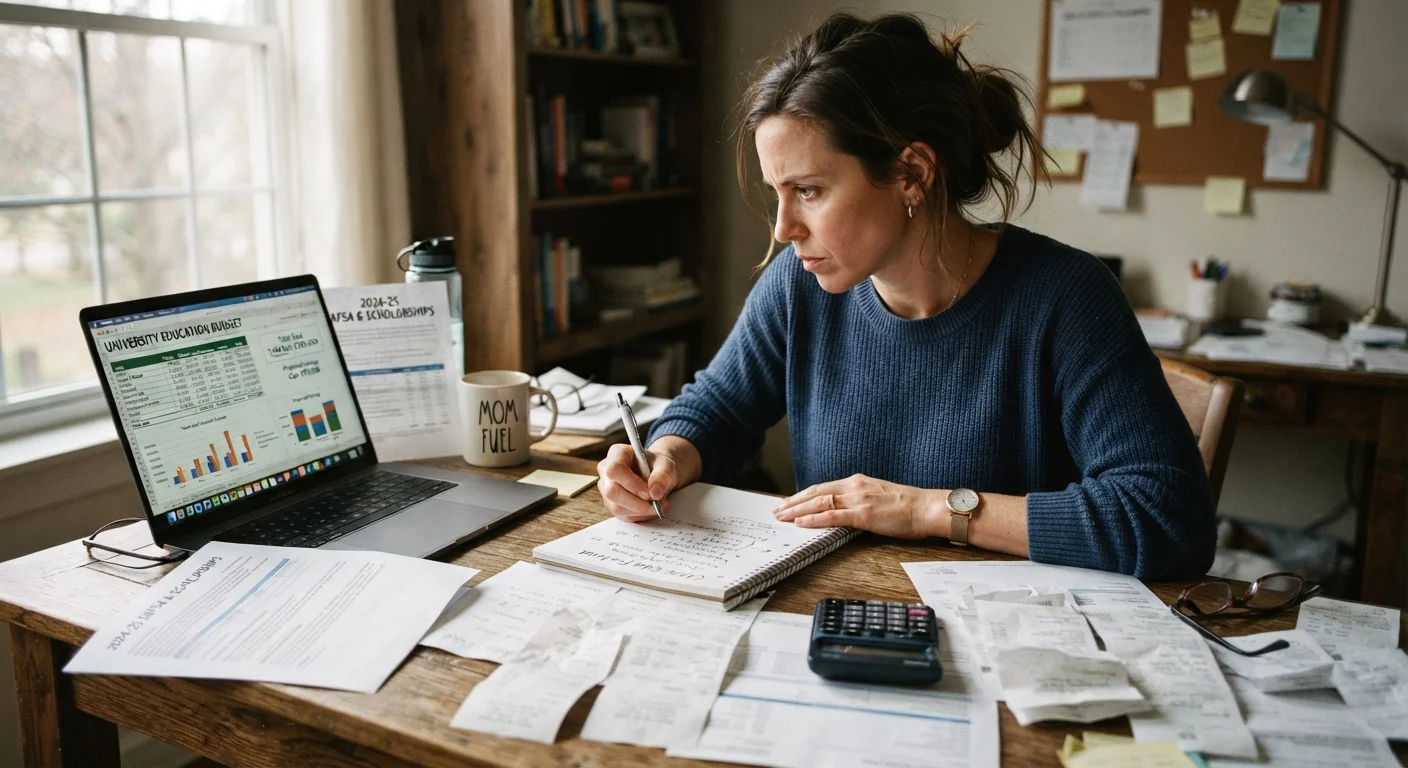 Working adult at desk reviewing budget spreadsheets and receipts for professional development planning
