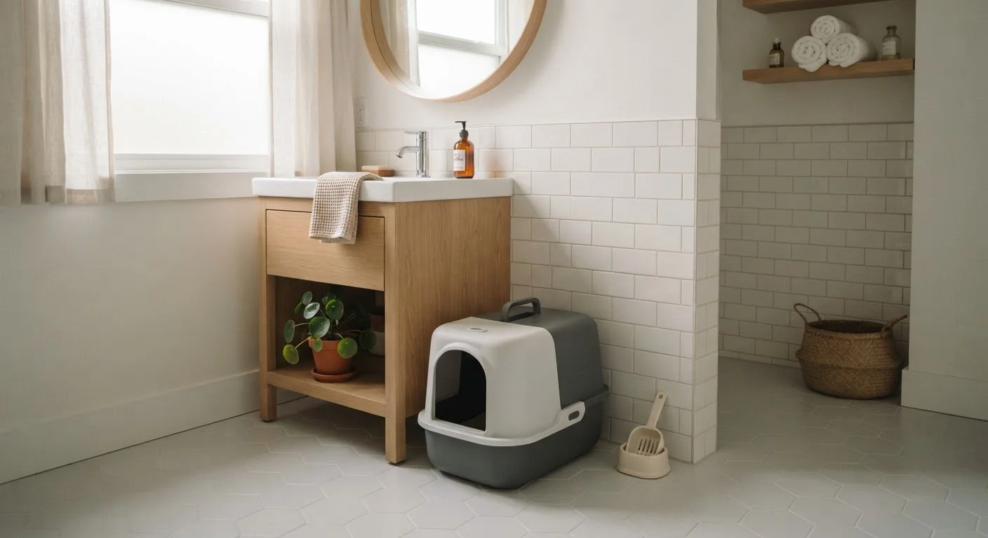 A covered cat litter box placed in a clean, well-lit bathroom corner