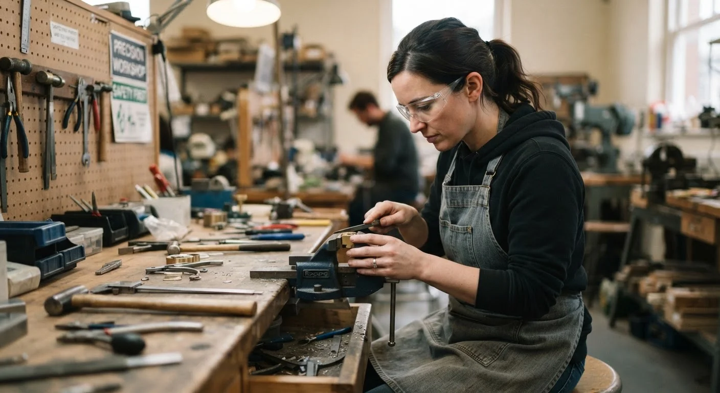 Adult student wearing safety glasses working with precision tools at a trade school workshop bench