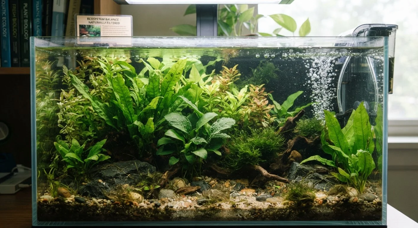 A clear freshwater aquarium with green plants and gravel substrate under soft natural lighting