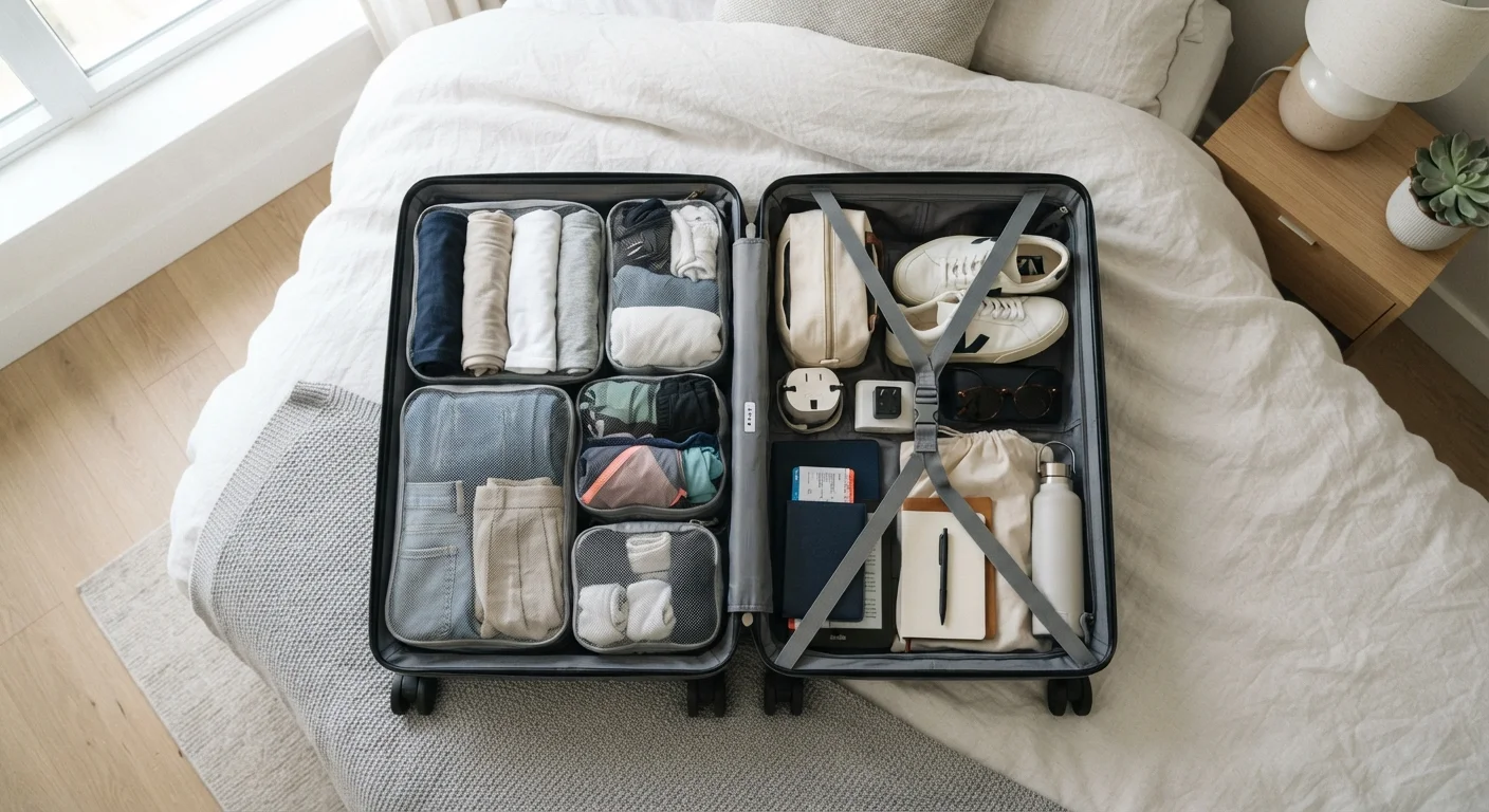 Organized suitcase with packing cubes, folded clothes, and travel essentials laid out neatly.
