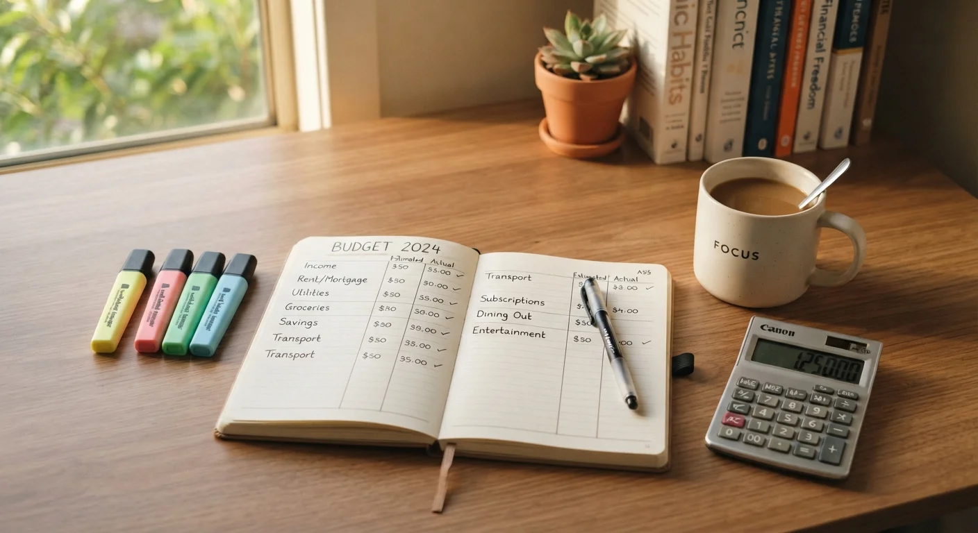 Open budget notebook with color-coded spending categories and a calculator on a desk.