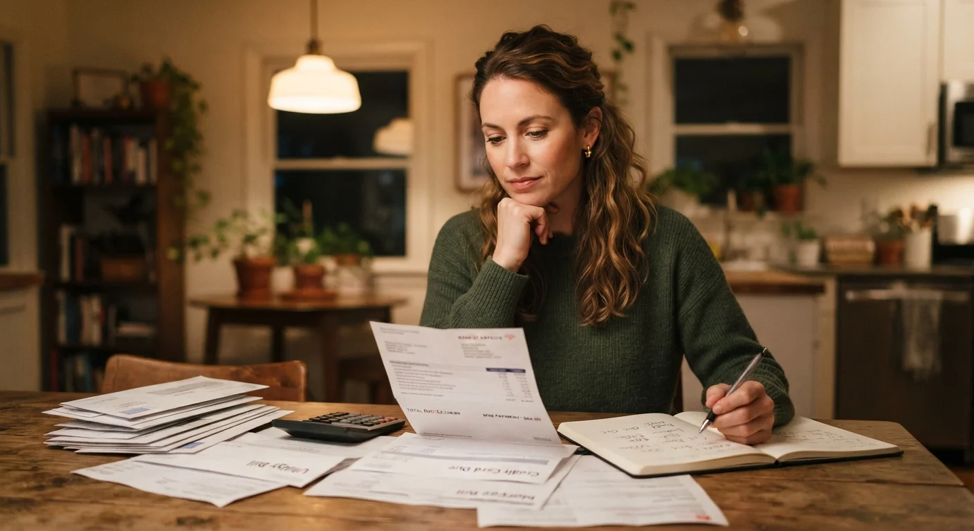 Person sitting at a kitchen table reviewing bills and financial statements with a thoughtful expression