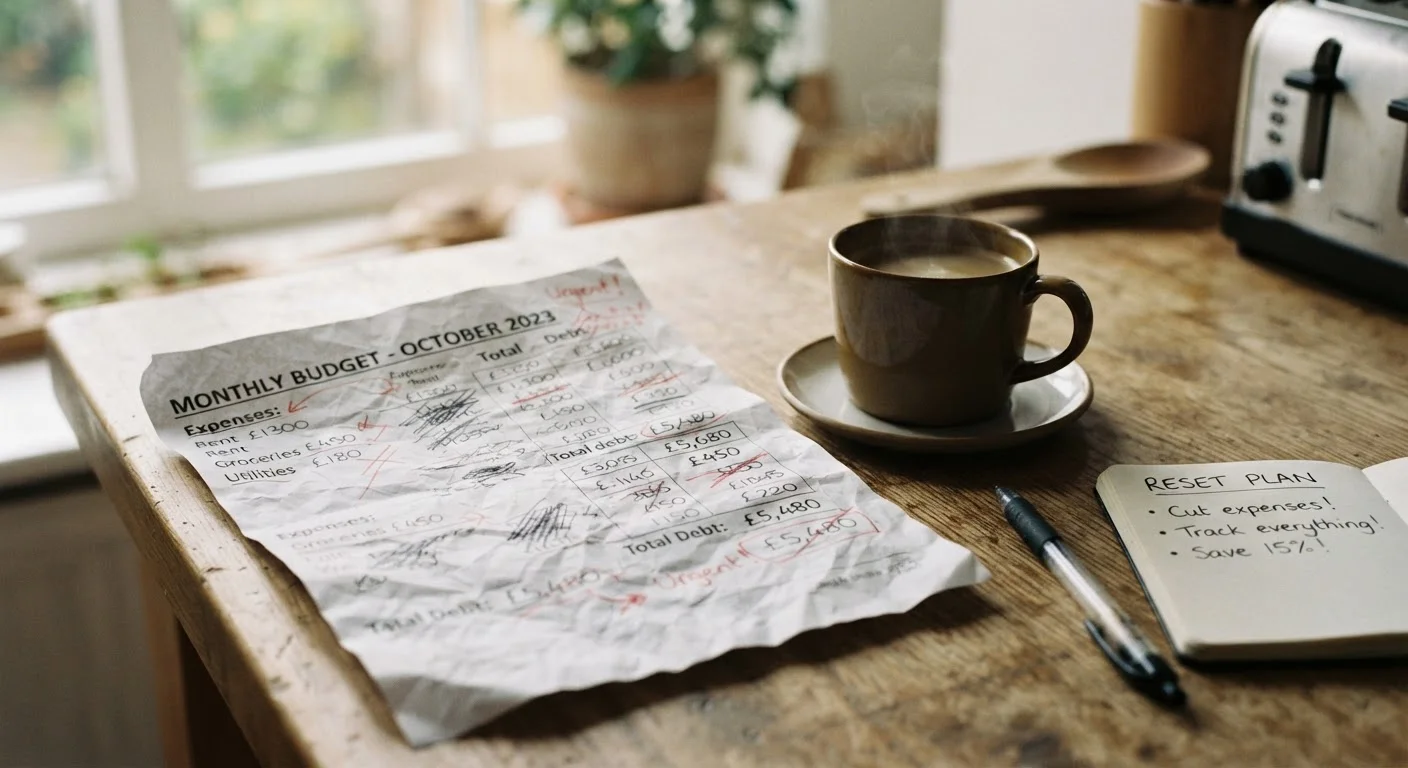 Crumpled paper budget on a kitchen table with a pen and coffee cup nearby.