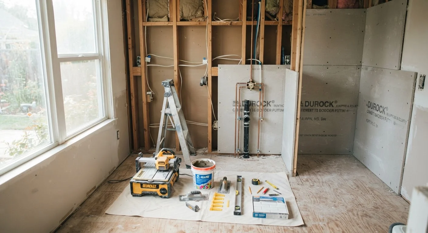 Bathroom mid-renovation with exposed framing, plumbing rough-ins, and tile installation tools