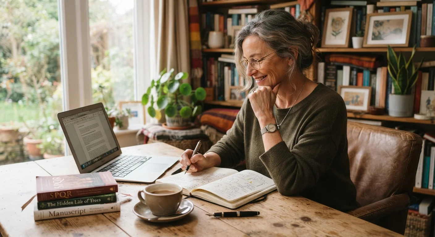 Adult learner sitting at a desk with a notebook and laptop in warm natural light