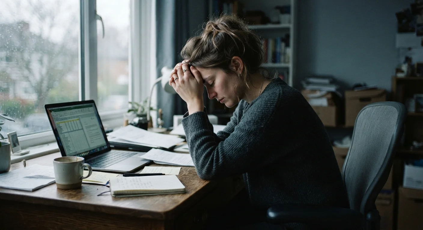 A tired person resting their head on their hands at a desk, expressing quiet exhaustion from chronic stress
