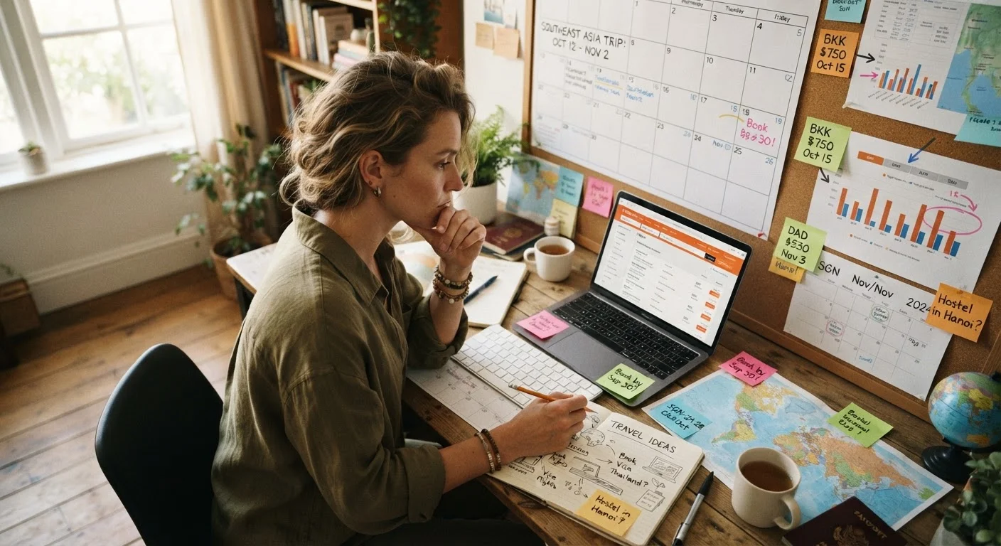 Traveler at desk with laptop, calendars, and flight price charts planning a trip