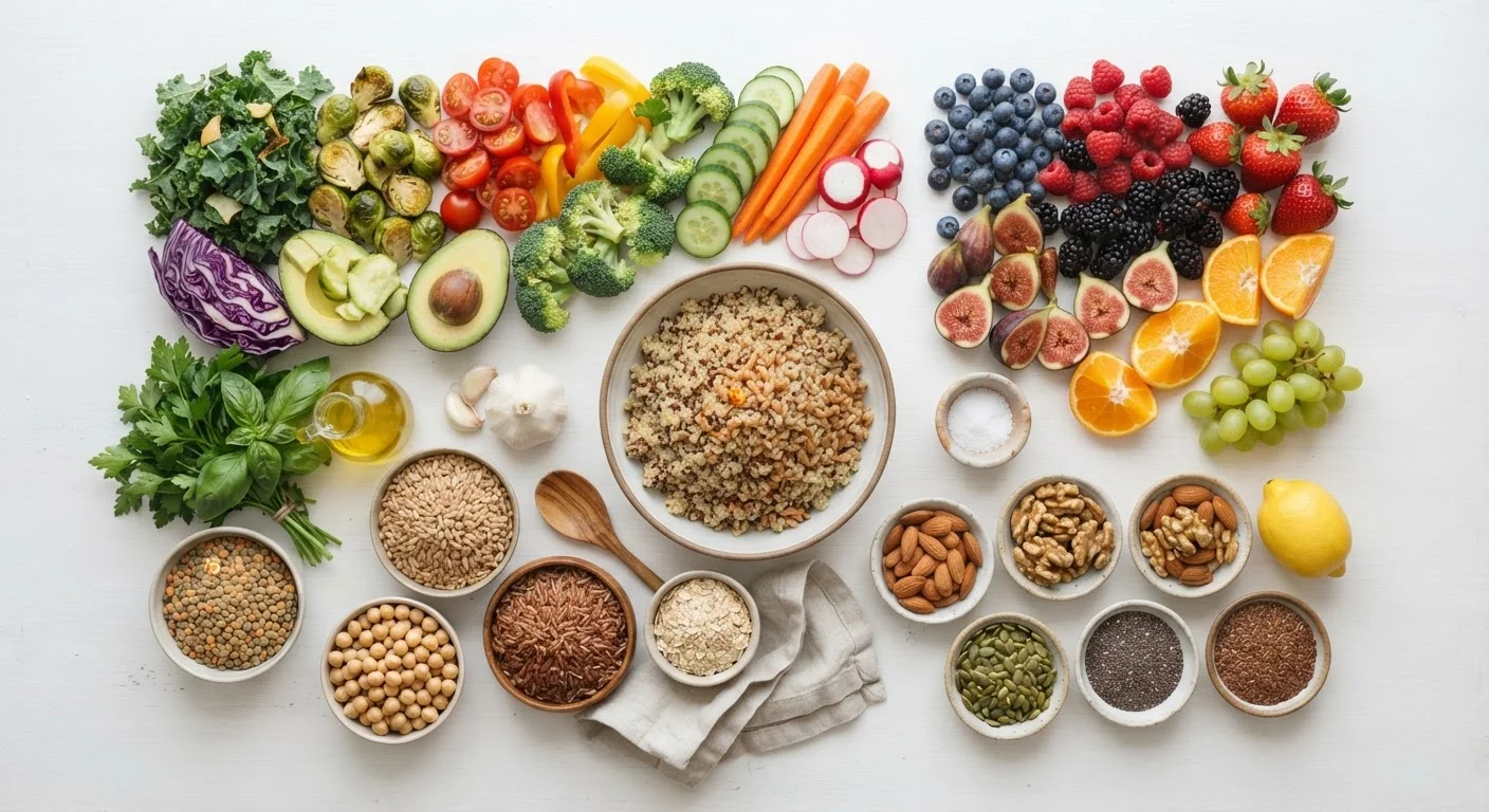 Flat-lay of whole foods including vegetables, nuts, grains, and fruit on white surface