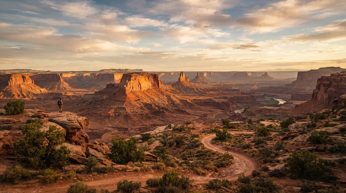Sweeping red rock canyon landscape glowing under golden hour light in the American Southwest.