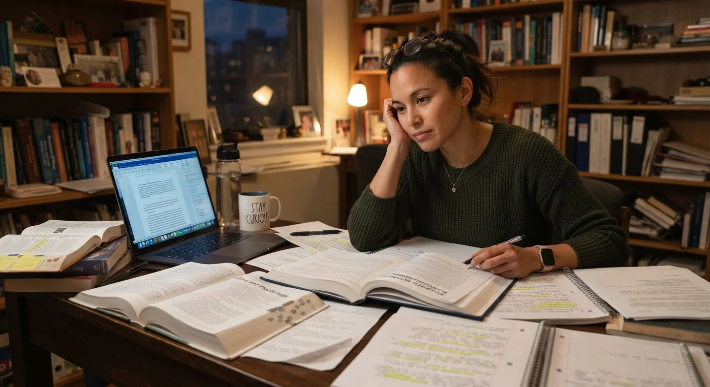 Adult student at a desk with books and laptop, looking thoughtful while studying