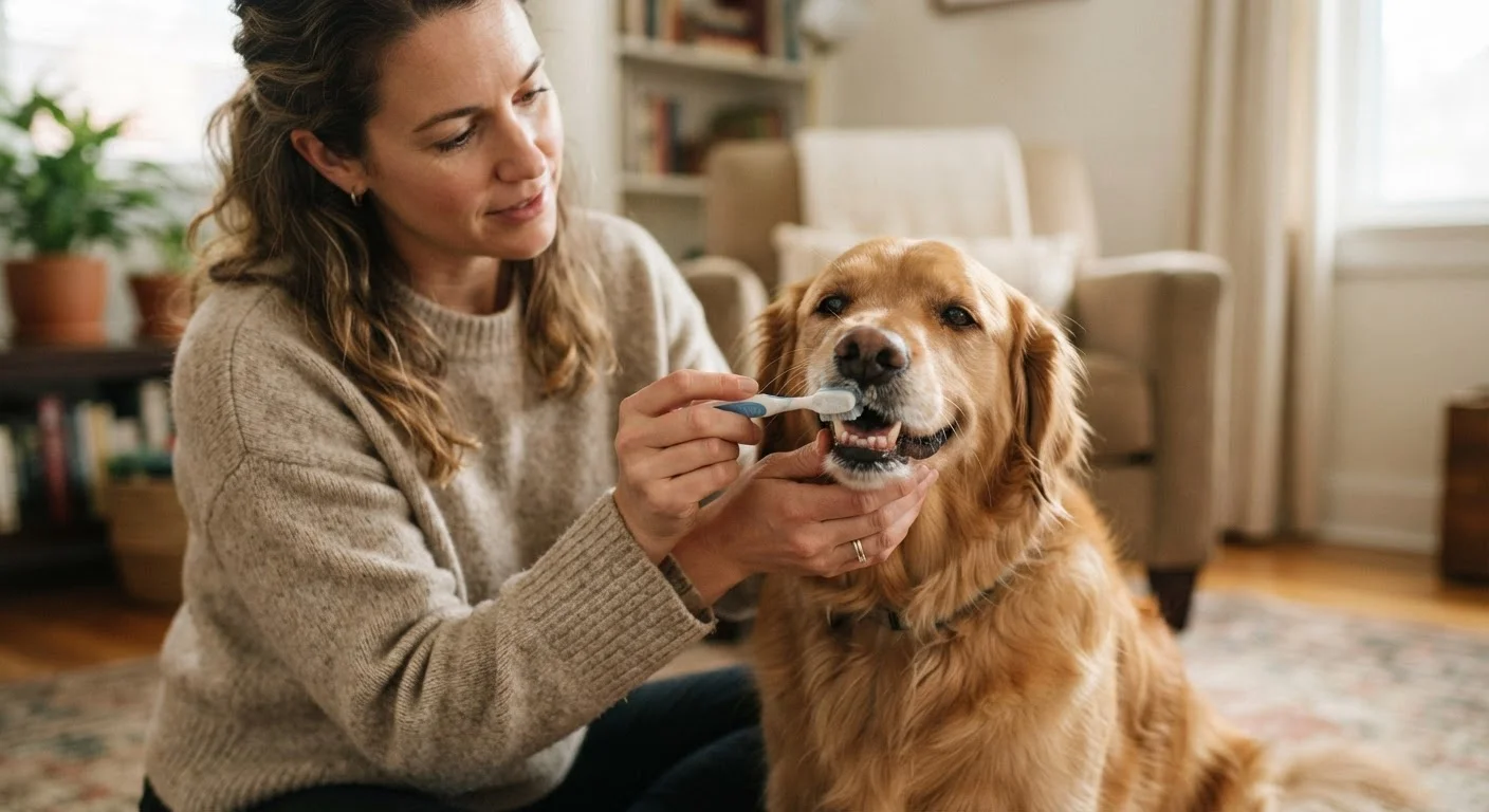 A person brushing a dog's teeth with a small toothbrush indoors