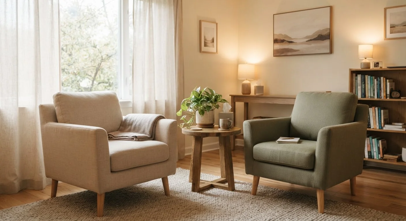 A welcoming therapy office with two chairs facing each other in soft natural light