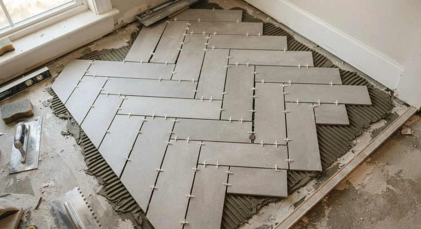 Overhead view of floor tiles arranged in herringbone pattern during installation with spacers and mortar