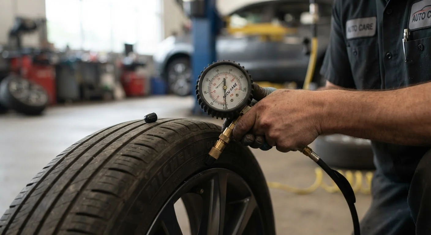 A driver checking tire pressure with a gauge on a car tire valve stem