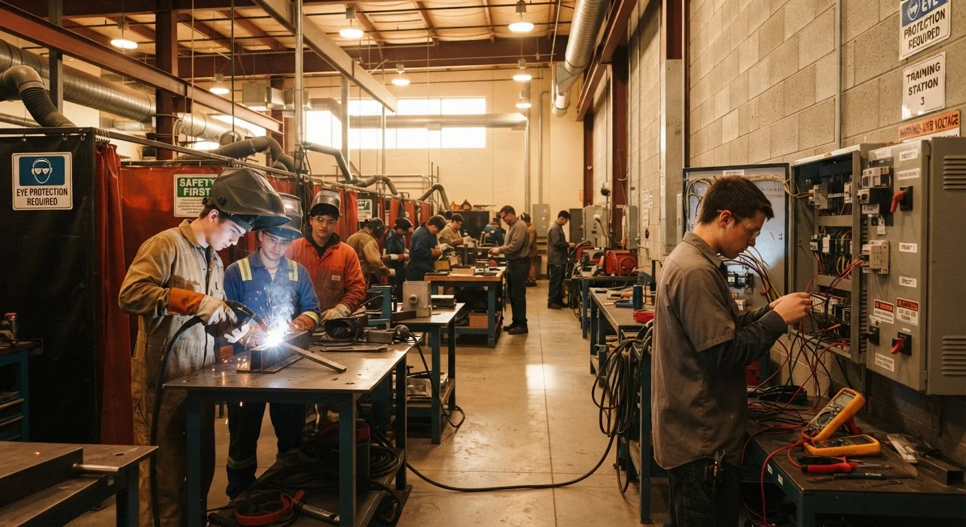 Students in safety gear practicing welding and electrical work in a vocational training workshop