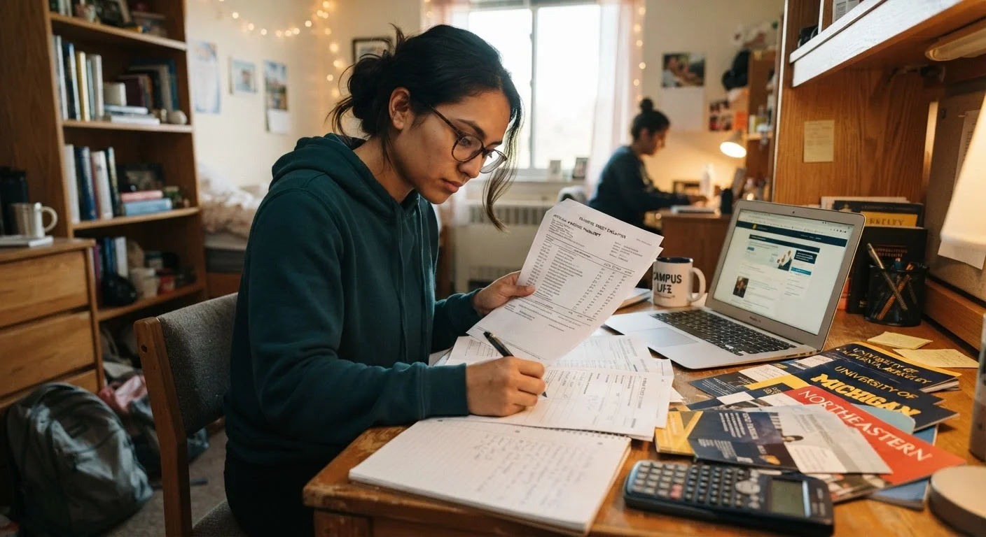 Student reviewing college transcripts and credit transfer evaluation forms at a desk