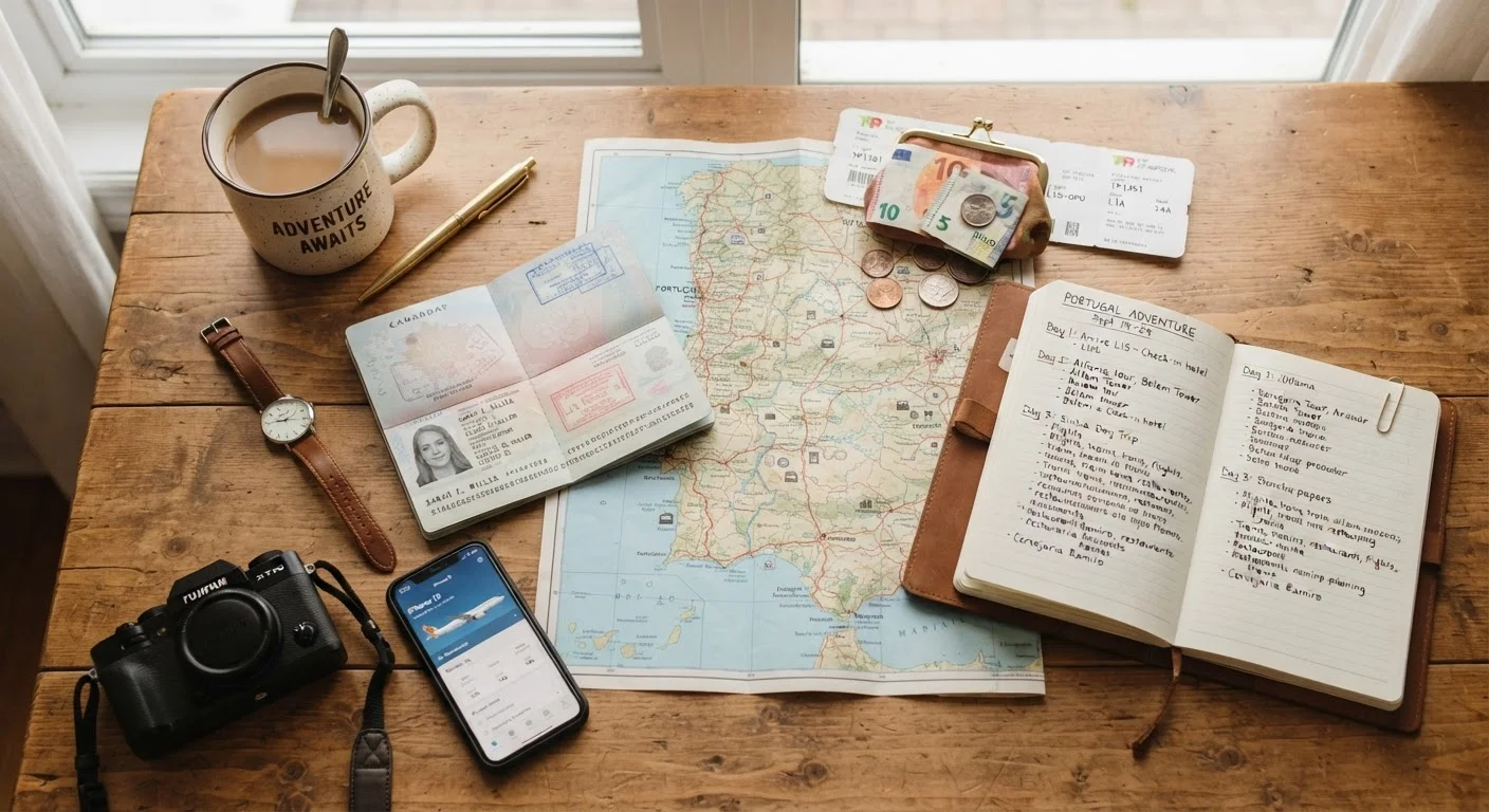 Overhead view of travel planning essentials including passport, map, itinerary notebook, and boarding passes