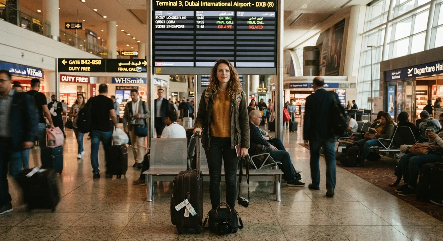 A solo traveler with luggage standing in a busy international airport terminal