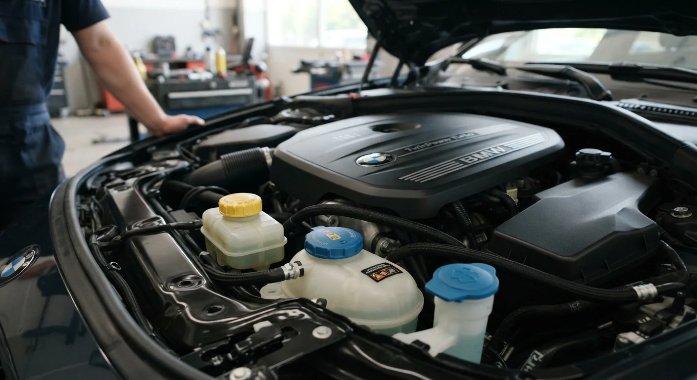 A car engine bay with labeled fluid reservoirs and caps visible under natural lighting