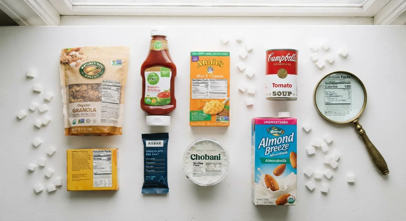 Packaged food products with ingredient labels and sugar cubes viewed from above