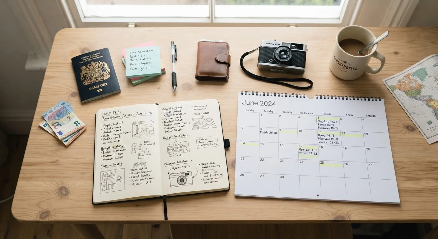 Travel planning workspace with calendar, sticky notes, and passport on a desk