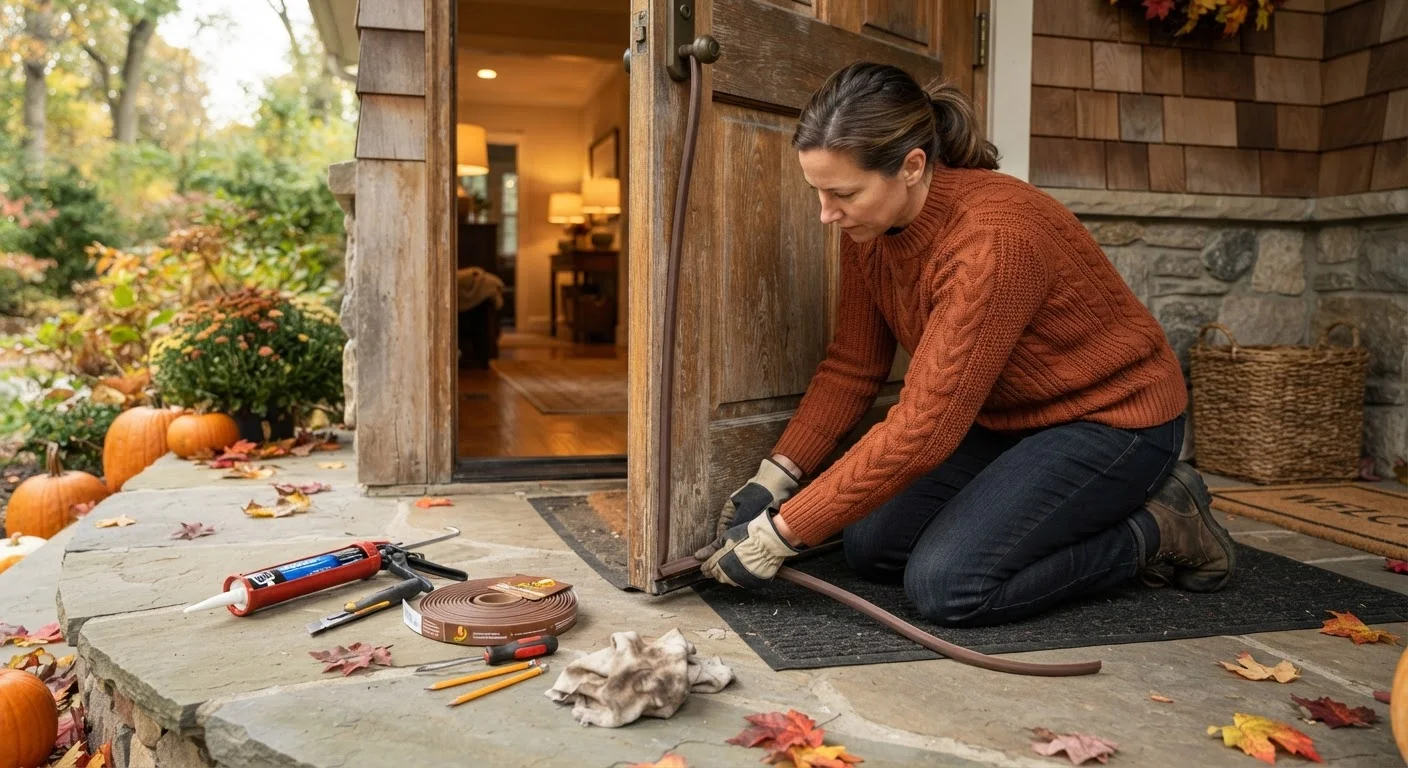 Homeowner applying weatherstripping to an exterior door before winter with caulk gun nearby.