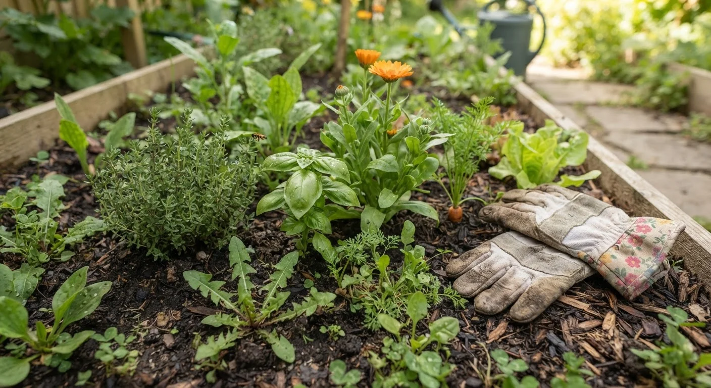 A garden bed showing a mix of plants and common weeds with gardening gloves nearby