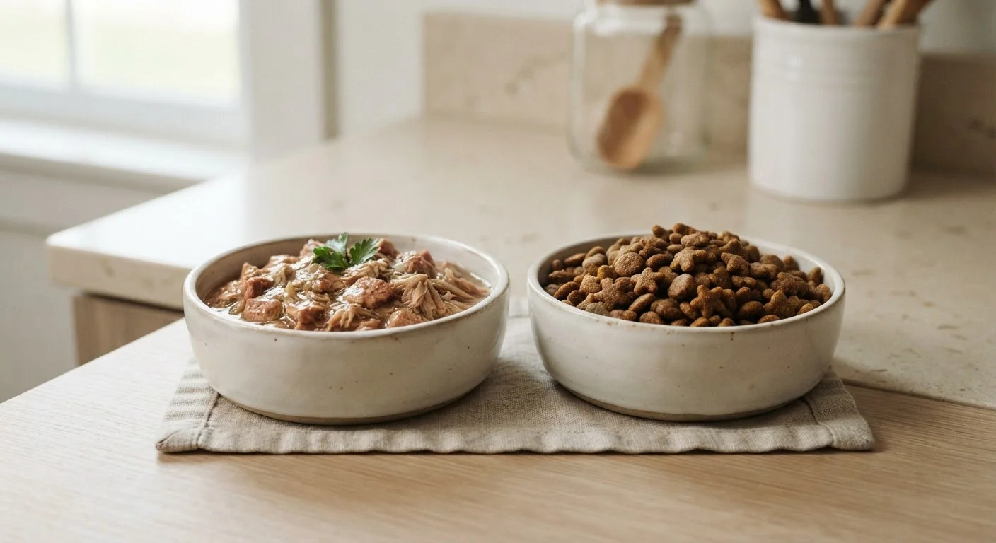 Two cat food bowls placed side by side, one with wet food and one with dry kibble
