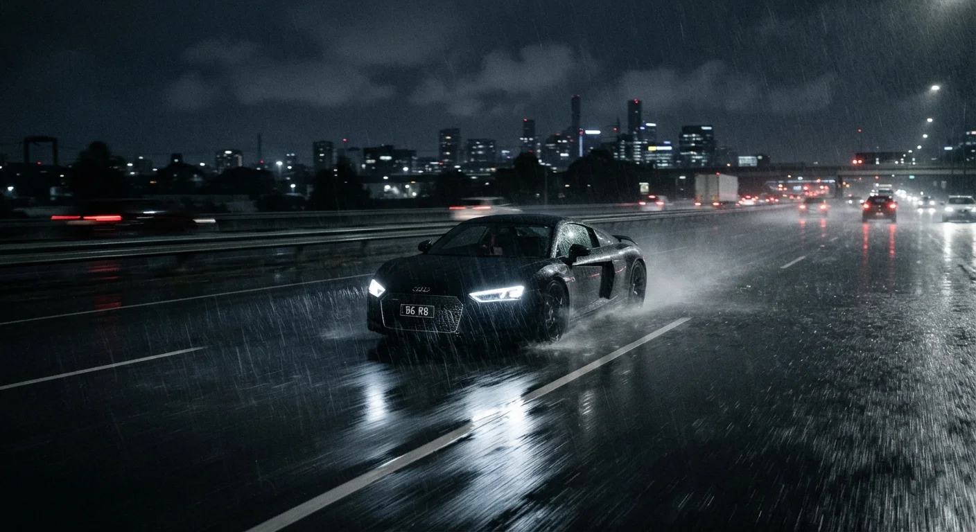 Car driving on a wet highway at night with water spraying from tires
