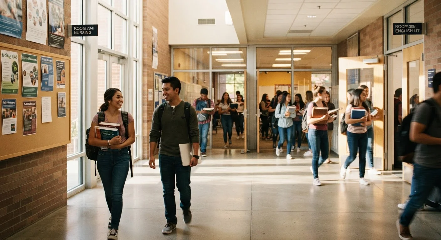 Students walking through a community college hallway carrying textbooks and backpacks