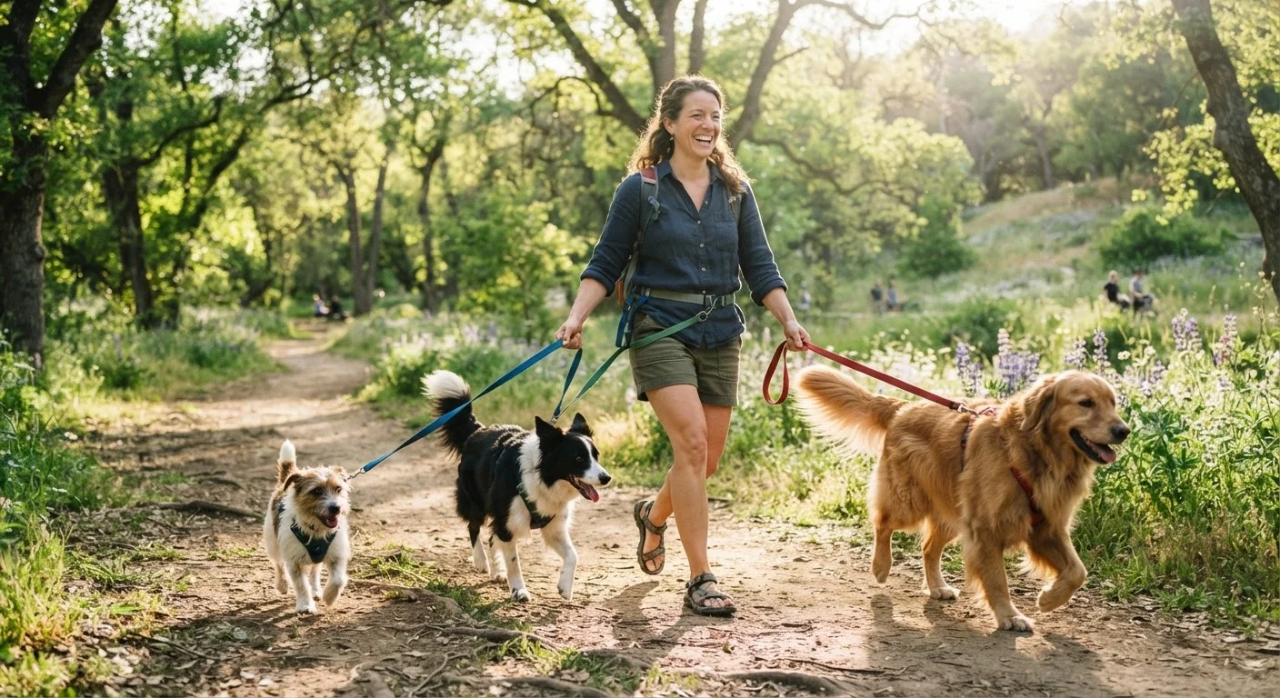 Small, medium, and large dogs of different ages walking together on a sunny park trail