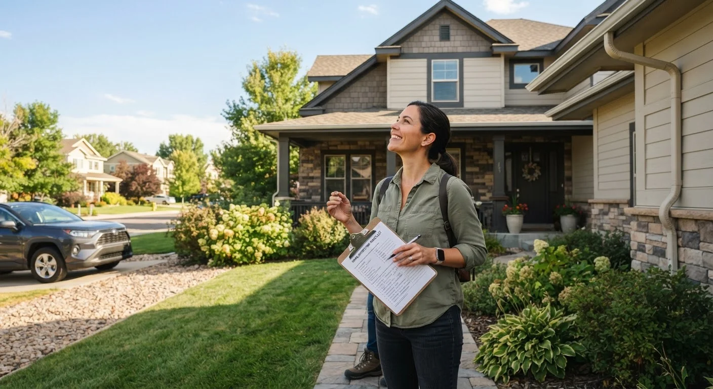 New homeowner standing outside a suburban house inspecting gutters with a clipboard