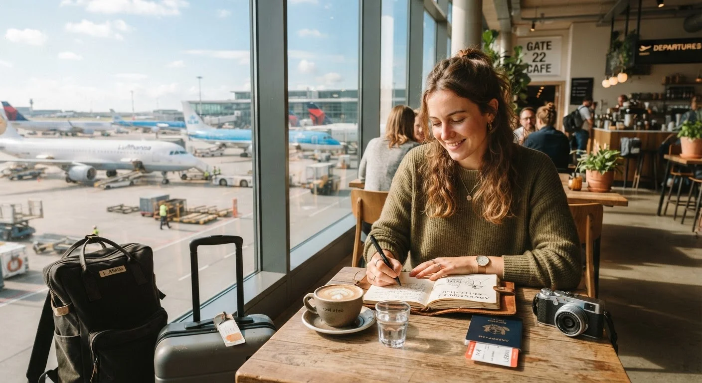 Traveler sitting calmly at an airport cafe with luggage, enjoying an unscheduled buffer day