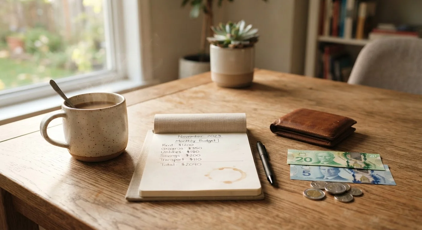 A budget notepad on a kitchen table with a wallet, coins, and coffee mug