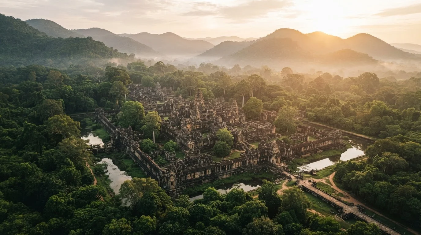 Aerial view of ancient stone ruins surrounded by lush green mountains under golden morning light