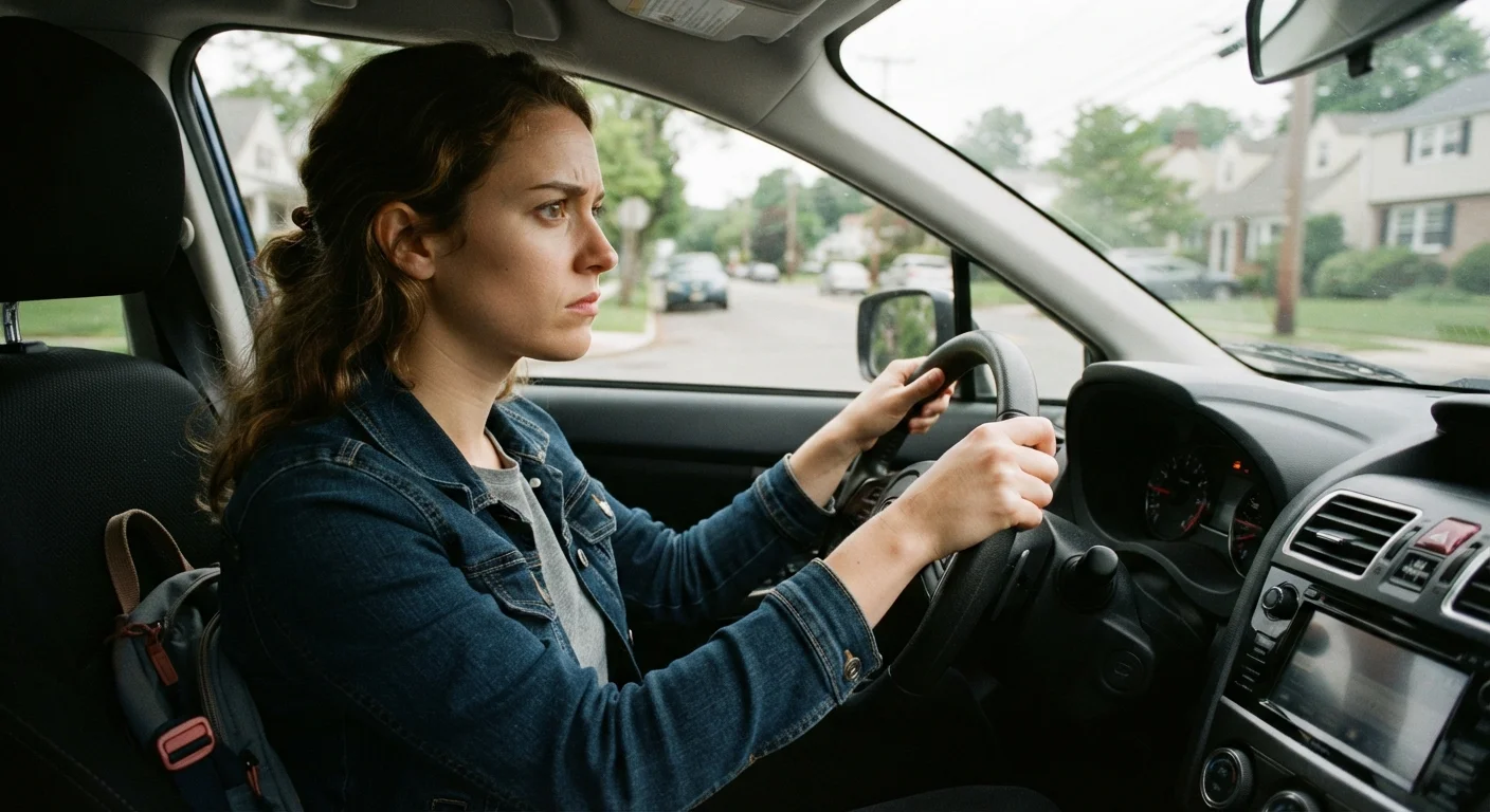 Young new driver gripping steering wheel while navigating a suburban road during daytime