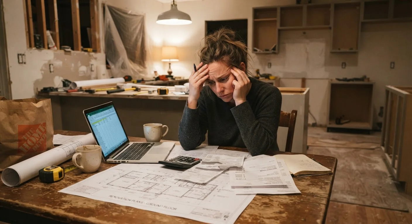 New homeowner reviewing renovation plans and budget documents at a kitchen table