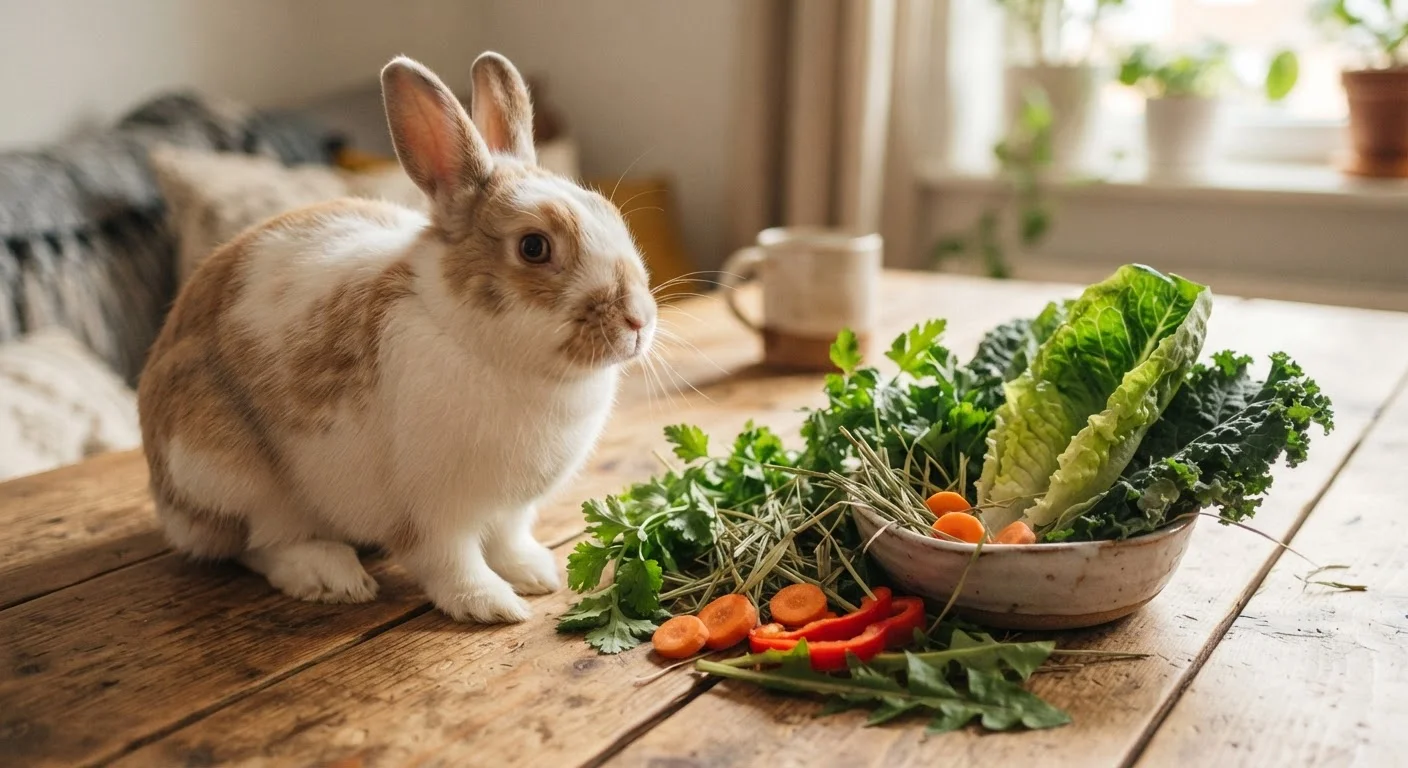 A pet rabbit sitting next to a variety of fresh greens and hay on a wooden surface