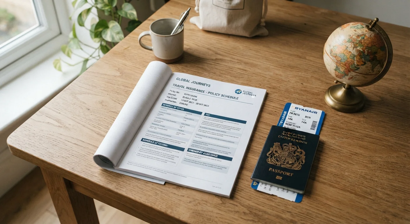 Travel insurance policy document beside a passport and boarding pass on a wooden table