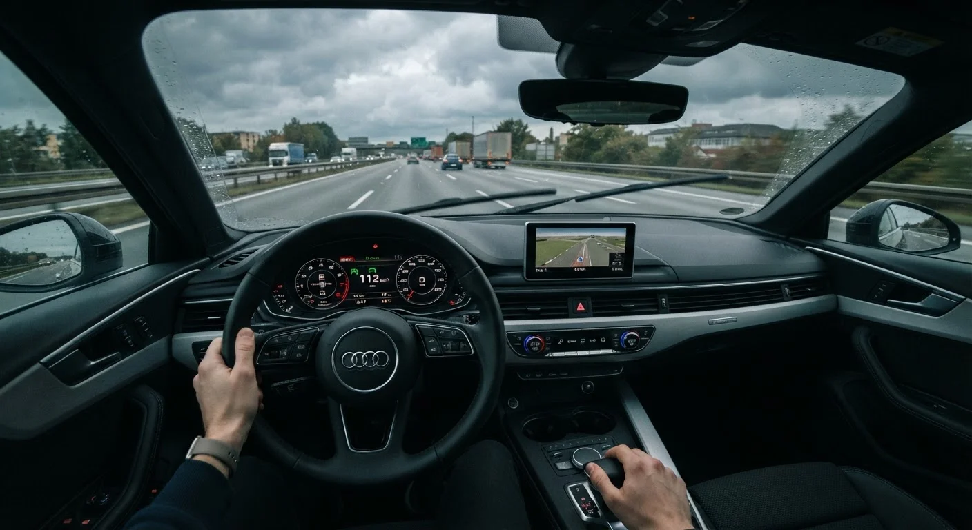 Car dashboard with cruise control indicator light on, open highway visible through windshield