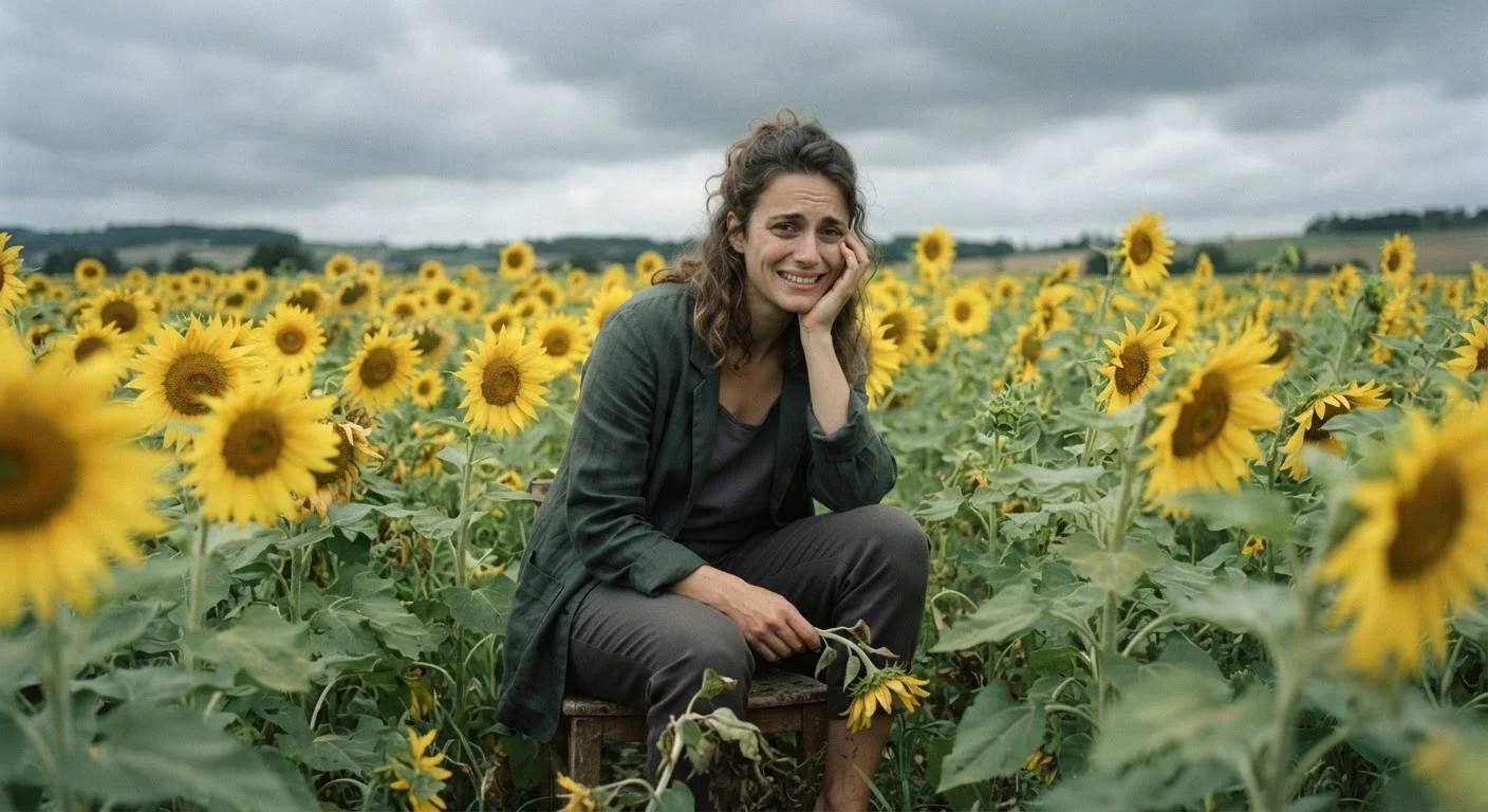 Person with a strained smile sitting among sunflowers under a grey overcast sky