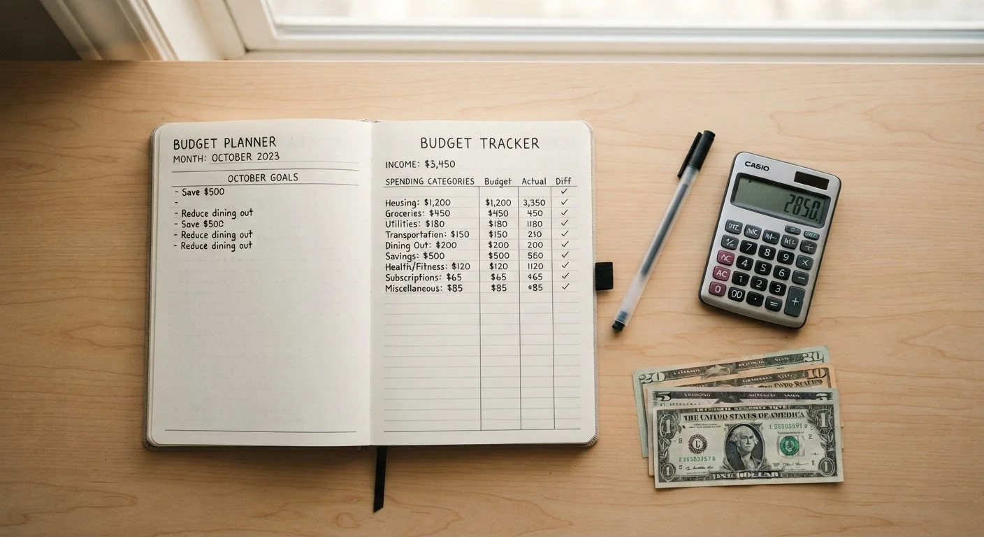 Open budget notebook with spending categories written out, pen and calculator on a desk