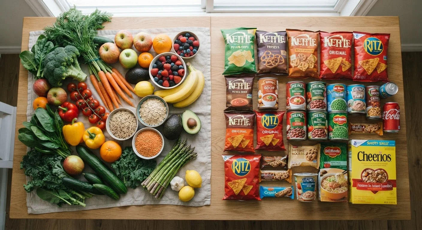 Fresh whole foods including vegetables and grains displayed alongside various packaged processed food items