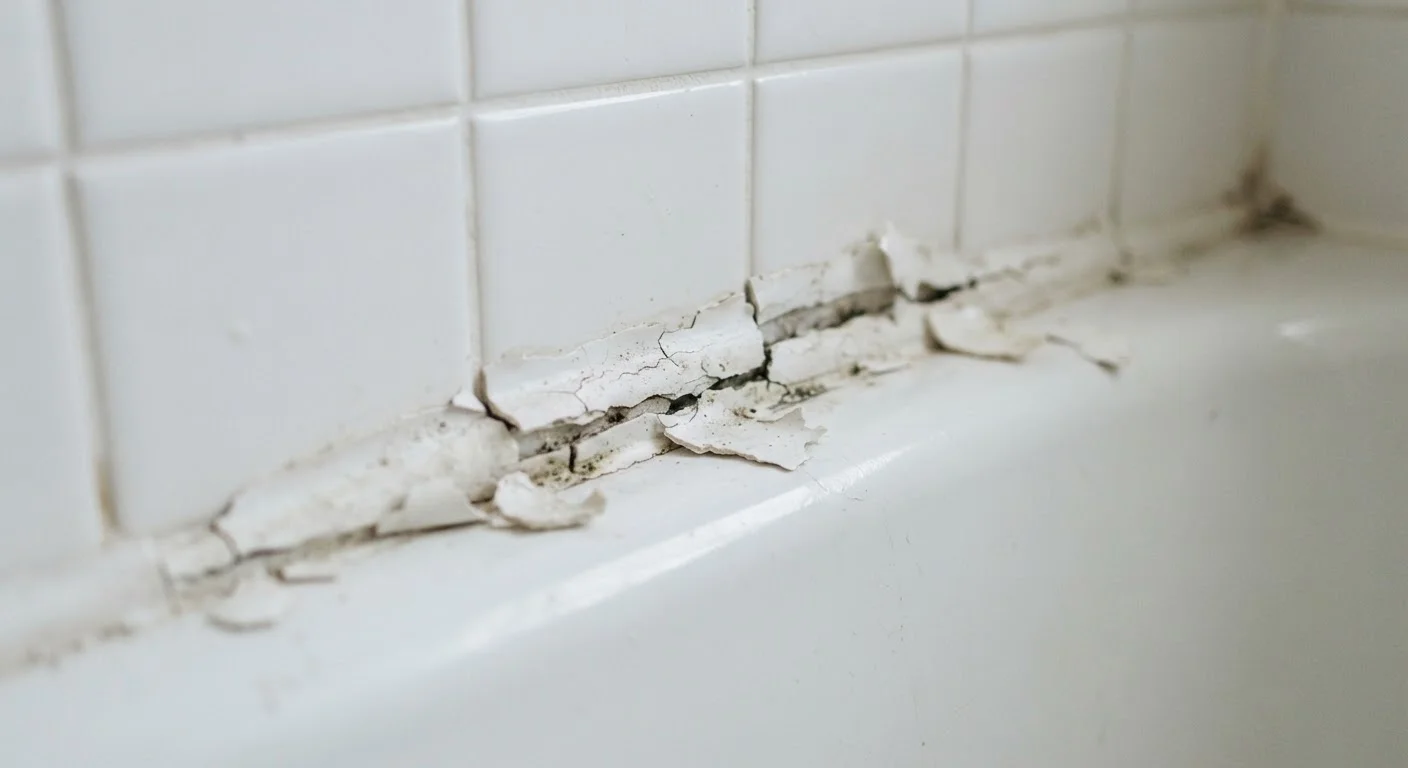 Cracked and peeling white caulk along a bathtub and tile joint in a bathroom