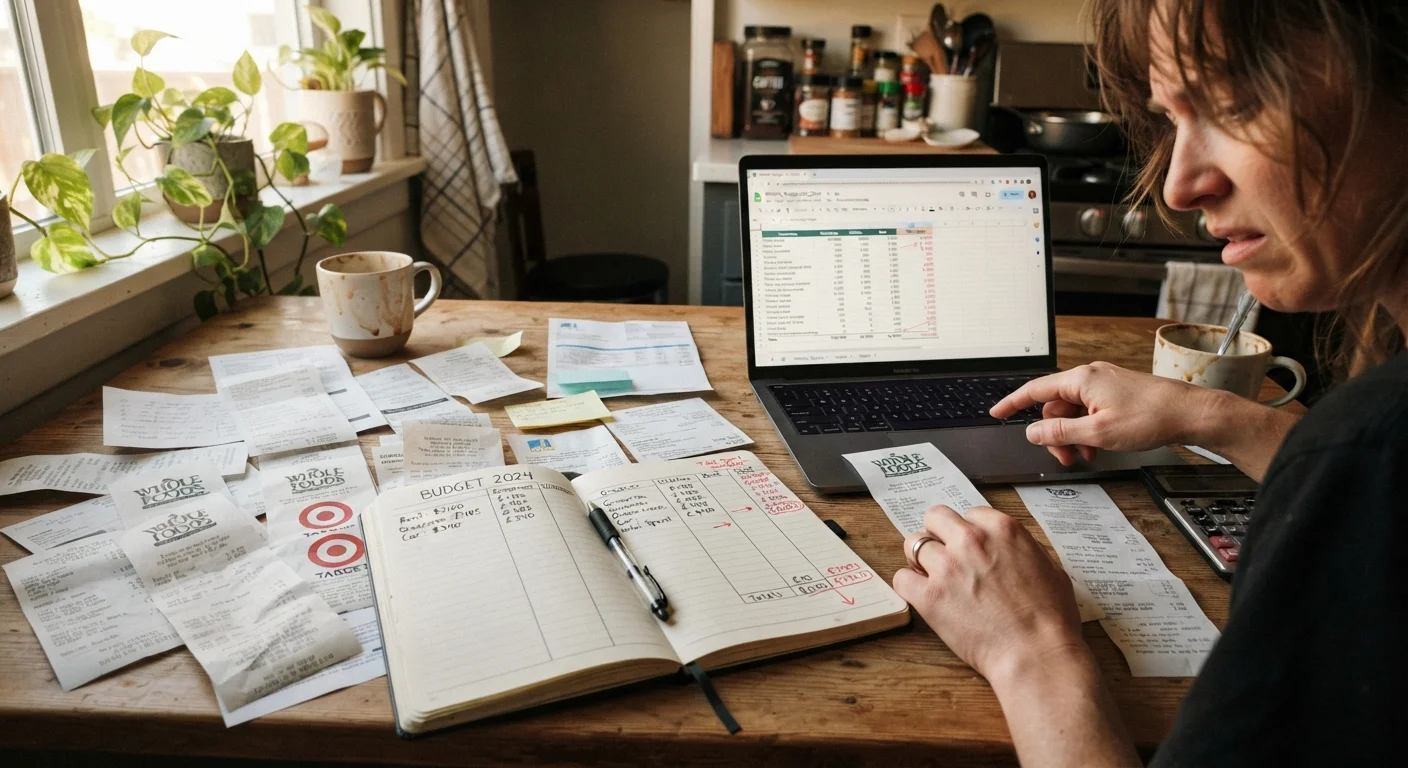 Open budget notebook and receipts spread across a kitchen table with a laptop