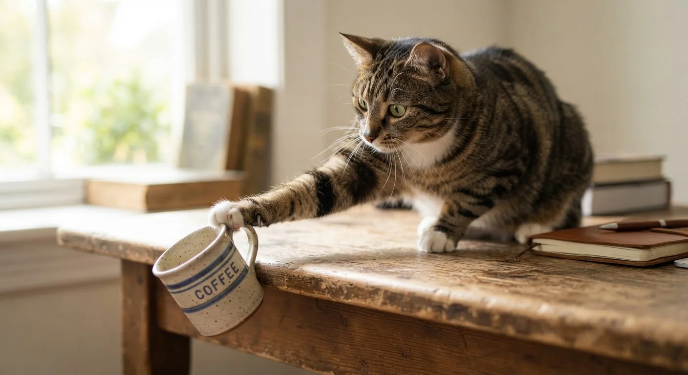 A tabby cat on a desk extending its paw toward a ceramic mug at the edge